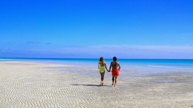 Two people walking hand-in-hand on a sunny beach with clear blue skies and calm ocean water in the background.