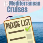 A vibrant packing list illustration features a clipboard amid ocean waves, with elegant text: "Your Ultimate Mediterranean Cruise Packing List.