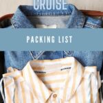 The open suitcase reveals a perfectly organized Mediterranean Cruise Packing List: a denim jacket and neatly folded striped shirts.