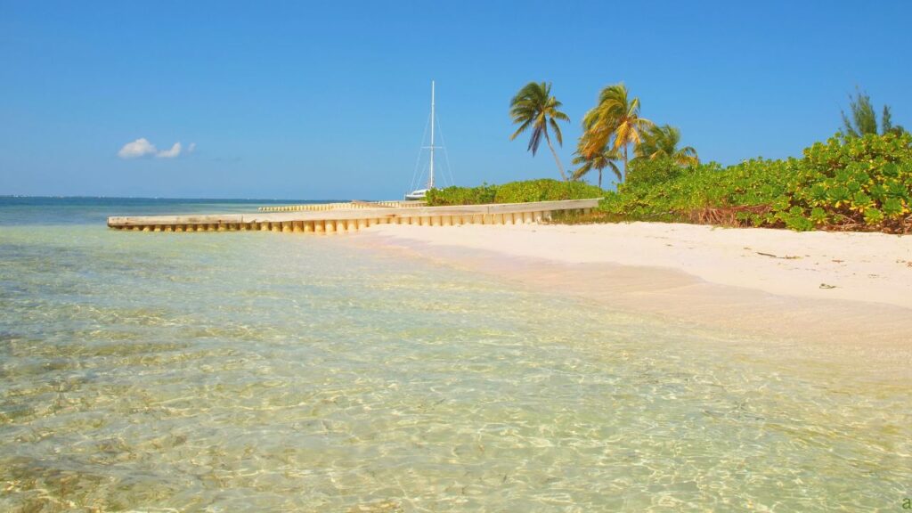 Clear water and white sandy beach with a dock, sailboat, and palm trees against a bright blue sky.