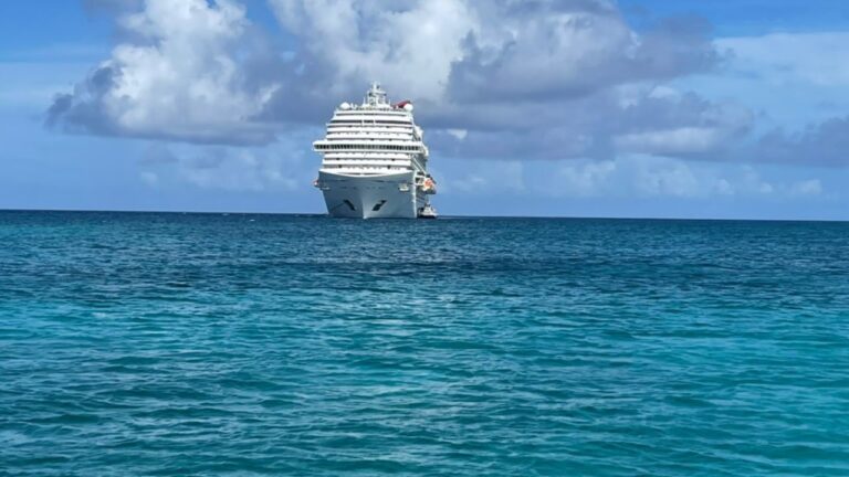 A large cruise ship sits on calm blue ocean waters under a partly cloudy sky.