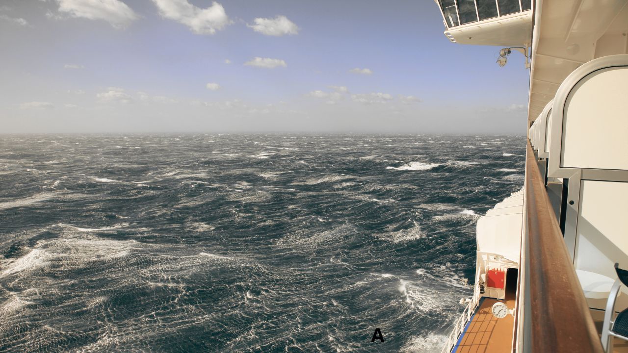 View of a choppy sea from the deck of a ship with rails and part of the ship's structure visible on the right side.