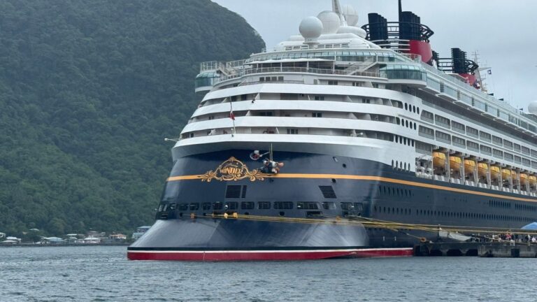 Large cruise ship docked near lush green hills on a cloudy day.