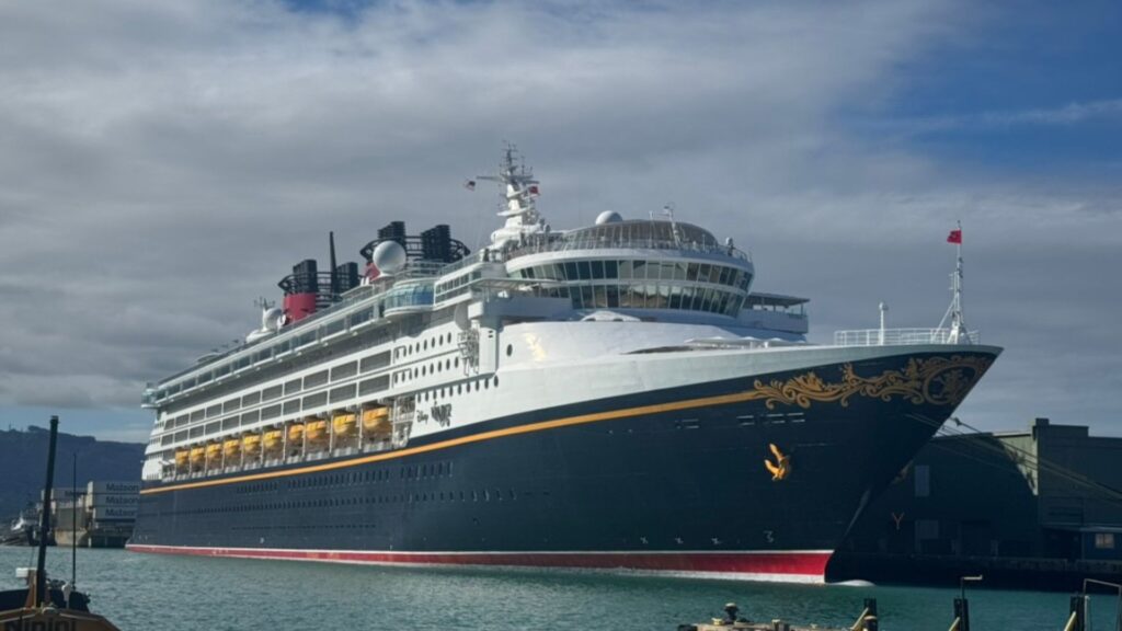 A large cruise ship is docked at a port under a cloudy sky.