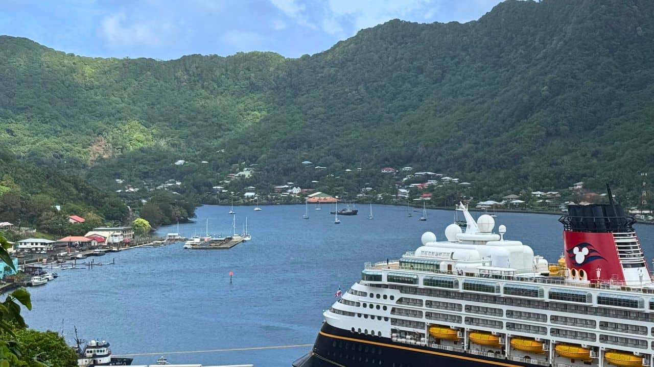 Cruise ship docked in a scenic bay surrounded by lush green hills and small boats with a few houses in the background.