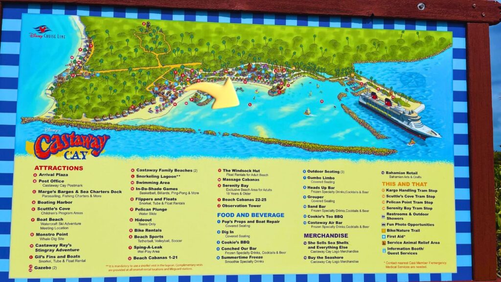 Colorful map of Disney's Castaway Cay, showing attractions, food, merchandise, and beach layout.