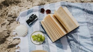 Open book, camera, sunglasses, grapes, and a seashell on a patterned towel at the beach.