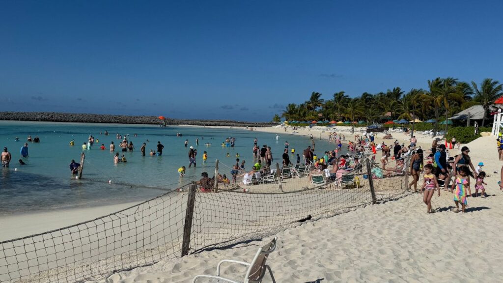 Crowded beach scene with swimmers in the ocean, people sunbathing, and palm trees lining the shore.