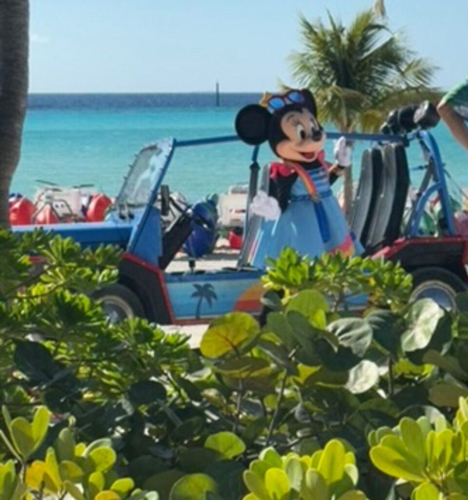 Cartoon character costume on a beach, driving a colorful open vehicle with ocean and palm trees in the background.