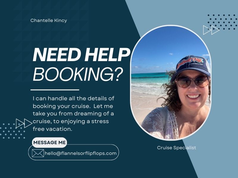 Cruise specialist flyer with a woman's beach photo and contact details for booking assistance.