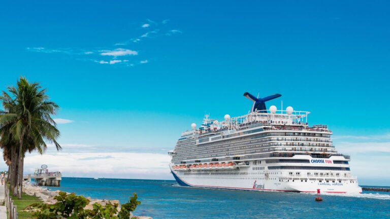 A cruise ship sails near a tropical shoreline with blue skies, palm trees, and calm sea.