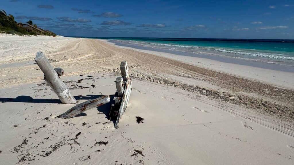 Deserted sandy beach with wooden remnants and tire tracks, bordered by turquoise ocean and a brilliant blue sky.