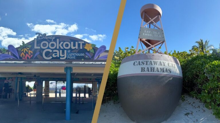 Entrance to Disney's Lookout Cay and a buoy at Castaway Cay, Bahamas, under a blue sky.