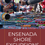 People browsing colorful jewelry at a market stall, with "Ensenada Shore Excursions" text below.