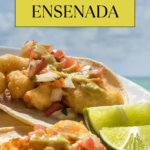 Fish tacos with salsa and lime, promoting Ensenada port excursions.