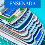 Aerial view of a cruise ship near Ensenada with ocean background.