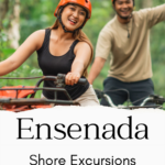 Two people riding ATVs in the jungle, wearing helmets, with "Ensenada Shore Excursions" text overlay.