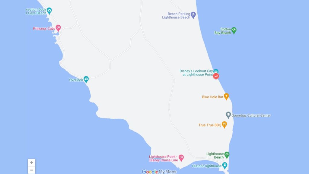 Map of a coastal area showing locations like Princess Cays, Disney's Lookout Cay, and Lighthouse Beach.