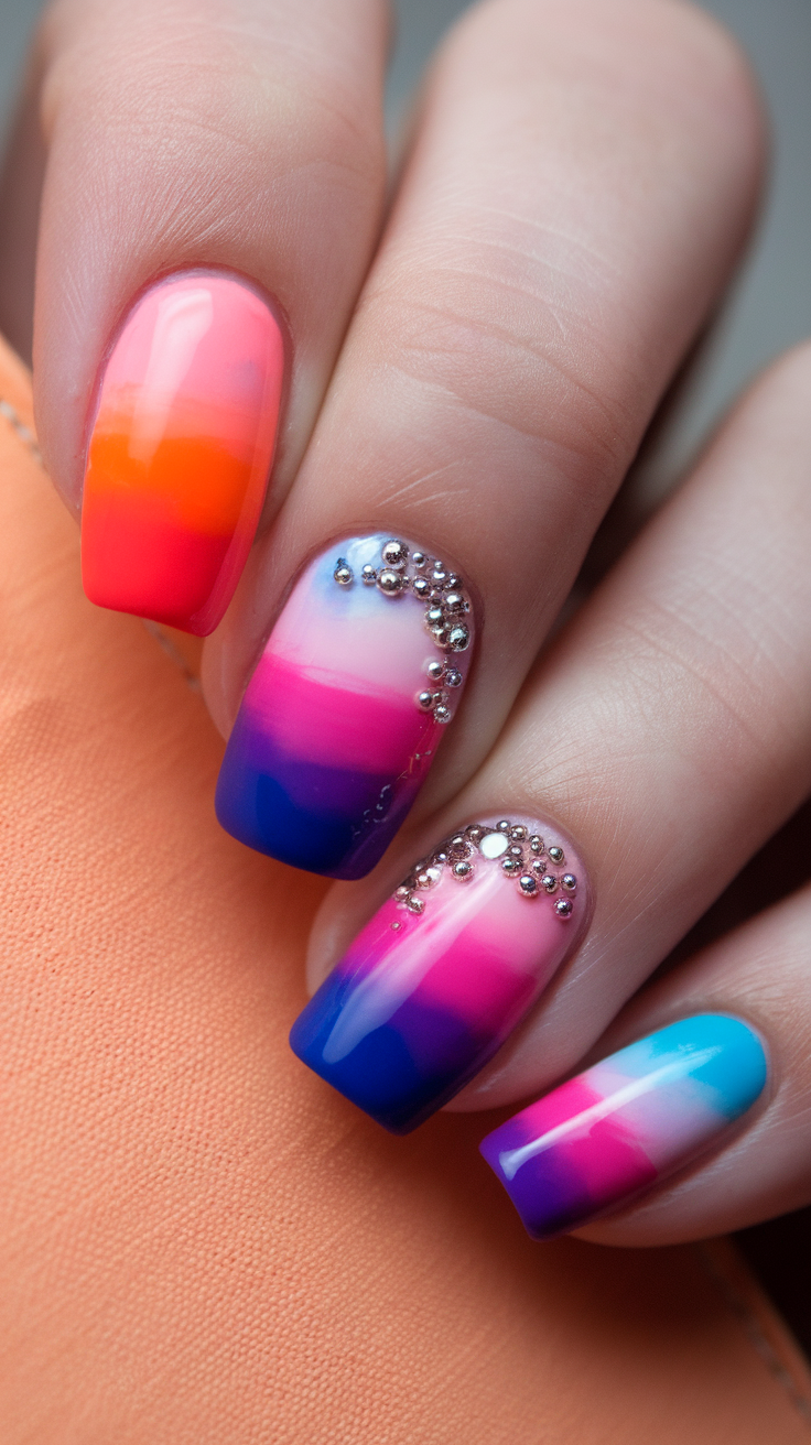 Colorful beach sunset gradient nail art with rhinestones.