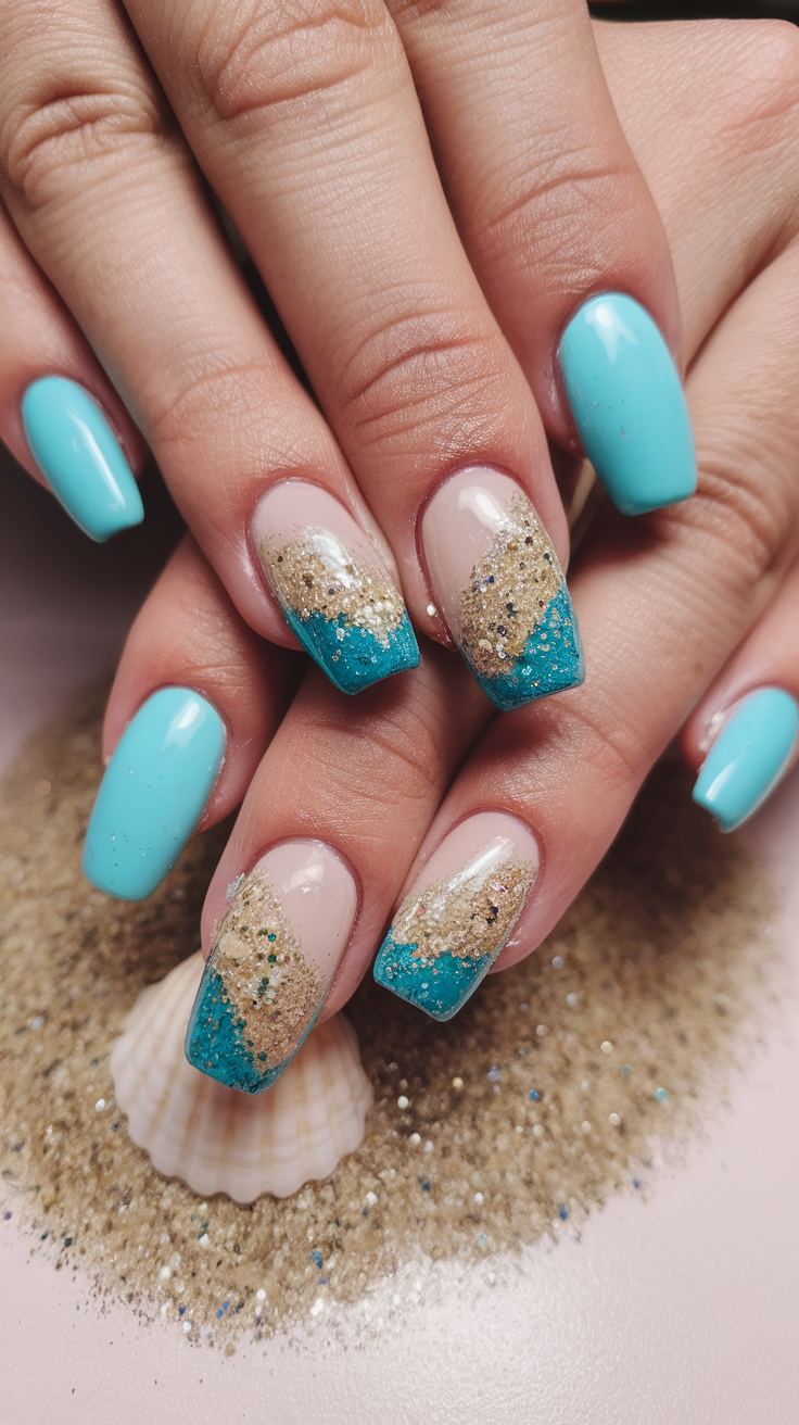 Beautiful beach-themed manicure with turquoise and gold glitter accents