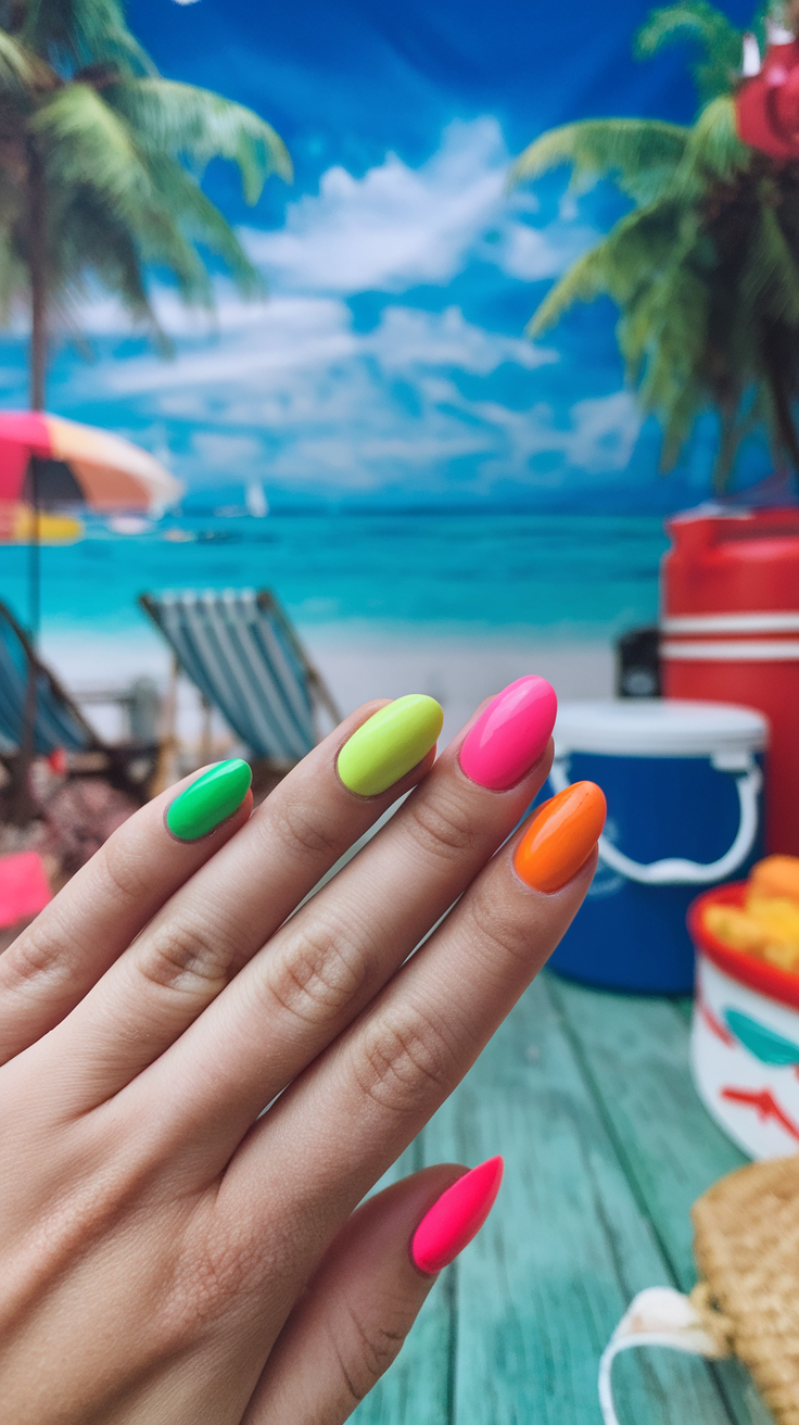 Colorful neon nails in front of a tropical beach background