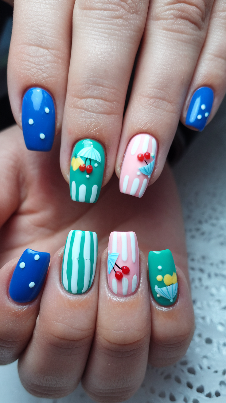 A vibrant display of colorful cocktails with tiny umbrellas, showcasing potential inspiration for nail art.