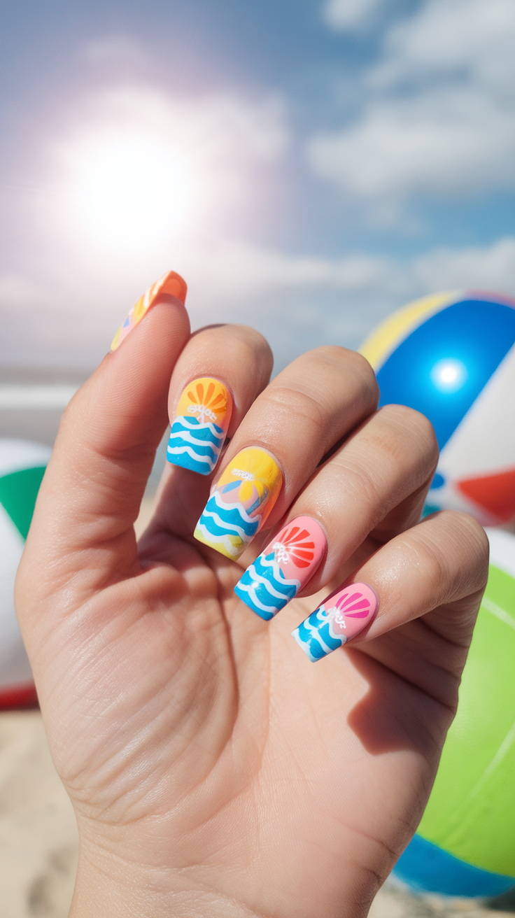 A hand displaying colorful beach-themed nail art with beach balls in the background