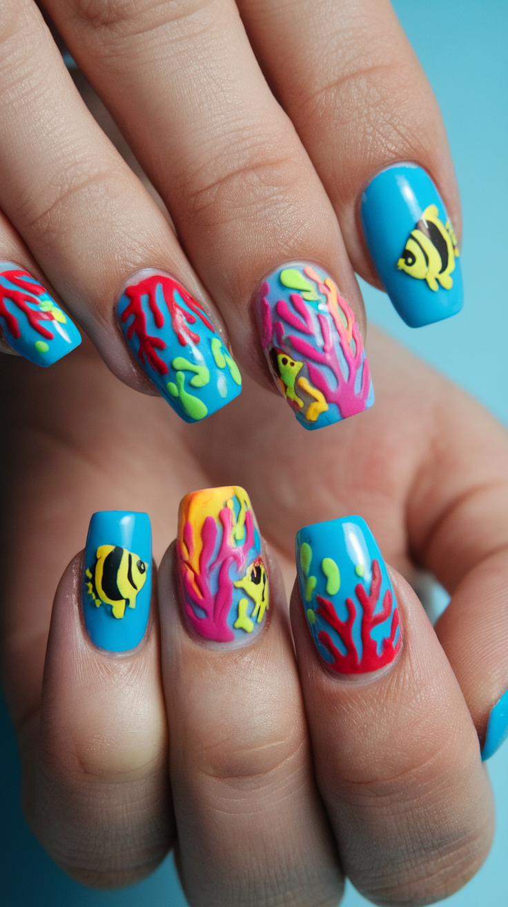 Colorful coral reef inspired nail art with fish designs on blue background.