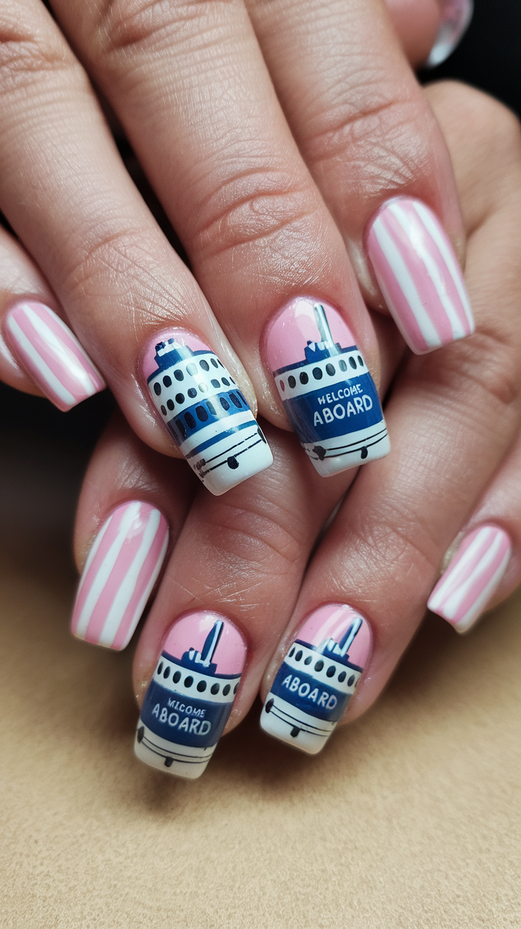 Colorful nails with cruise ship themes displayed against a backdrop of the sea.