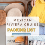 Open suitcase with clothes, straw hats, passport, and text overlay: "Mexican Riviera Cruise Packing List.