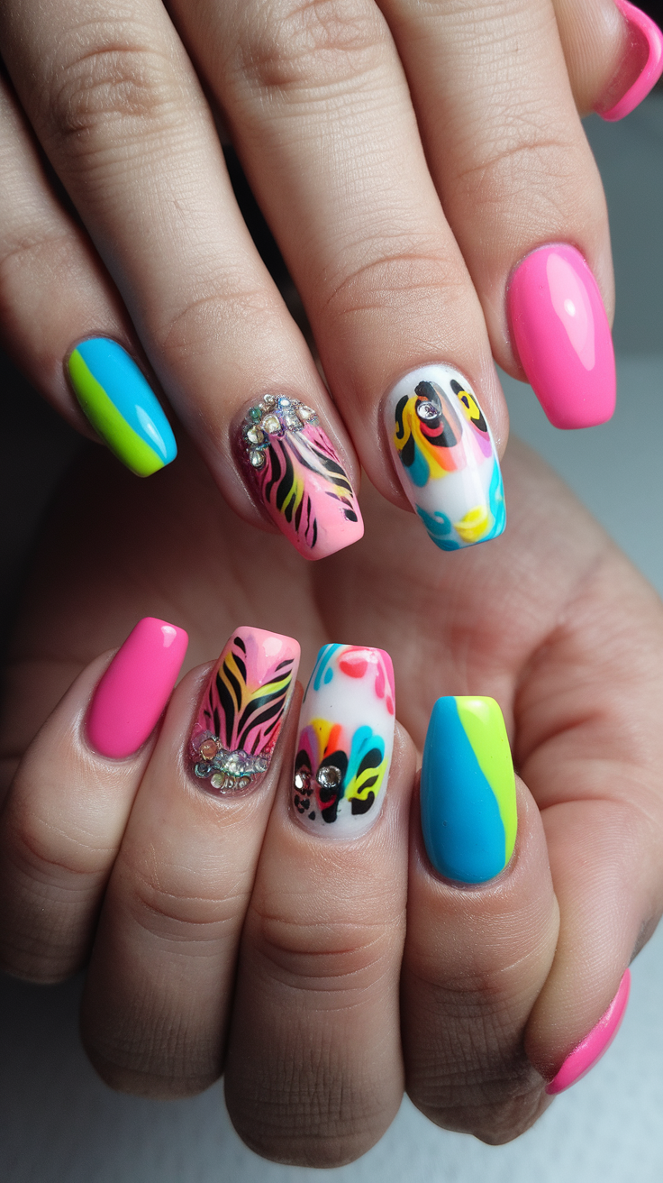 Colorful festival-inspired cruise nails featuring vibrant patterns and gem accents.