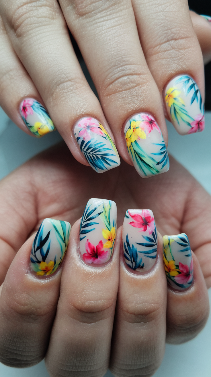 Colorful floral nail design with pink and yellow flowers.