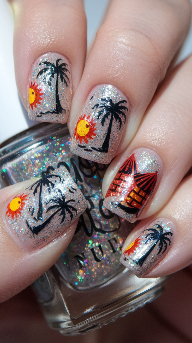 Nail art featuring palm trees and a sun on a glittery background.