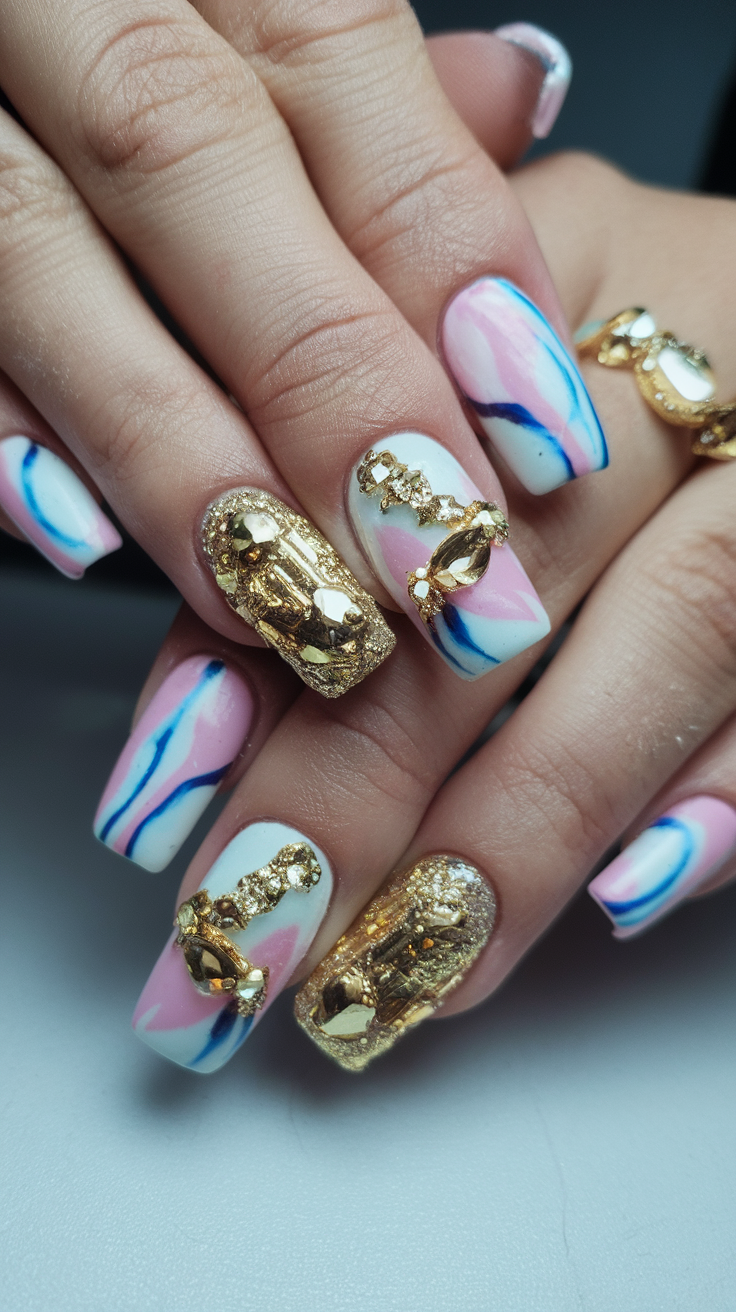 Close-up of glam nail designs featuring pink, blue, and gold colors with decorative accents