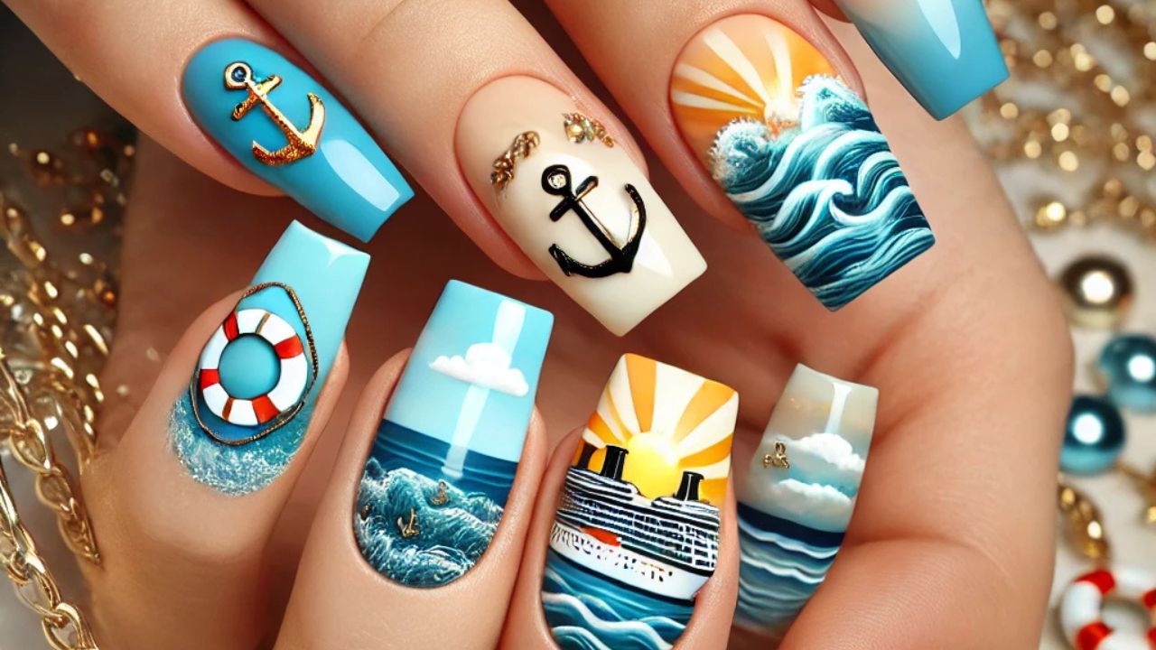 Fingernails with nautical-themed art: anchors, waves, a ship, and a lifebuoy in blue and gold tones.