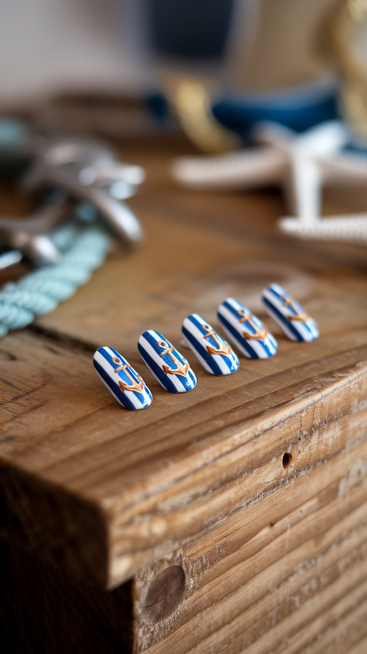 Nail art featuring blue and white nautical stripes with anchor designs.