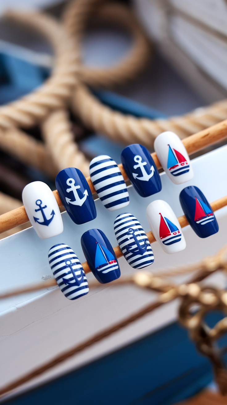 A collection of nautical-themed nail designs featuring anchors and sailboats in blue and white colors.