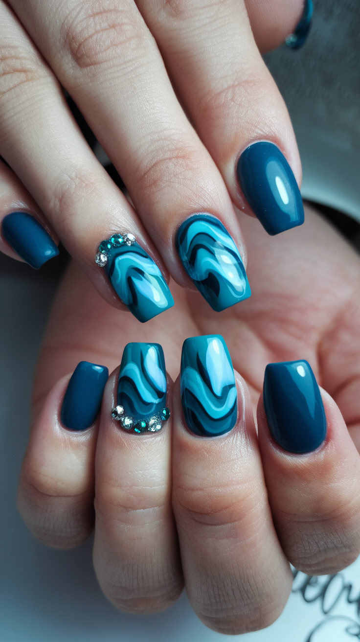 Nail art featuring ocean wave designs in blue and teal, with some sparkling embellishments.