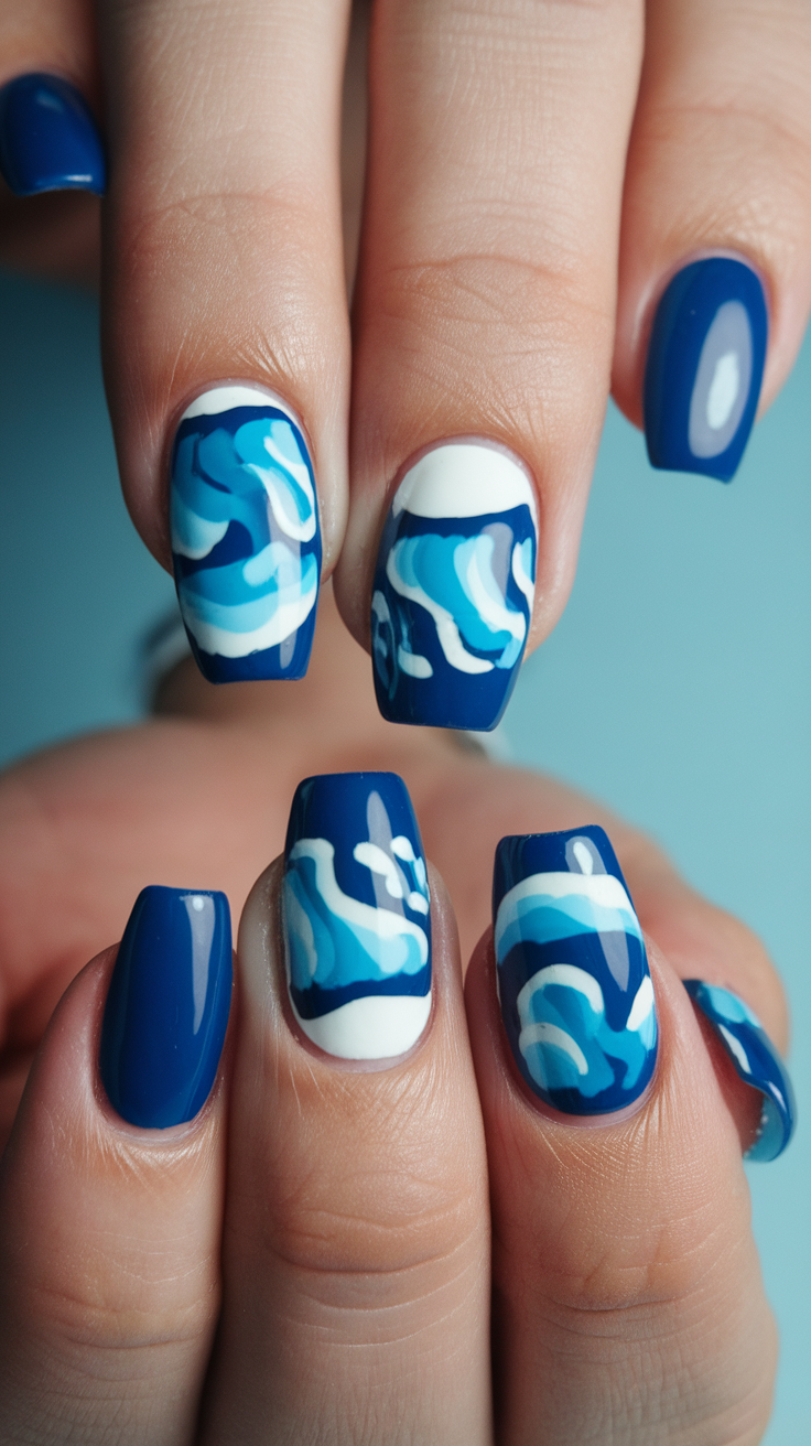 A poolside lounge chair with wave patterns and decorations resembling ocean waves.