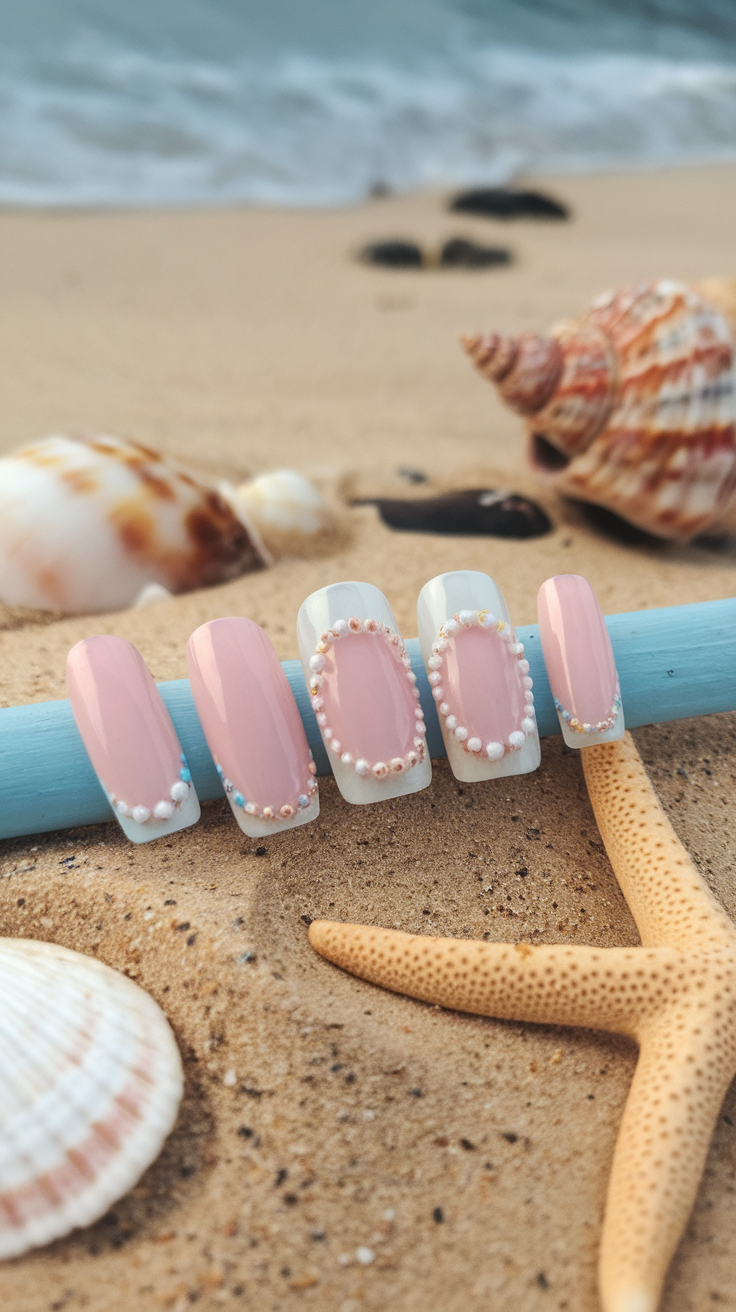 Close-up of hand with seashell-themed French tip nails, with a beach in the background.