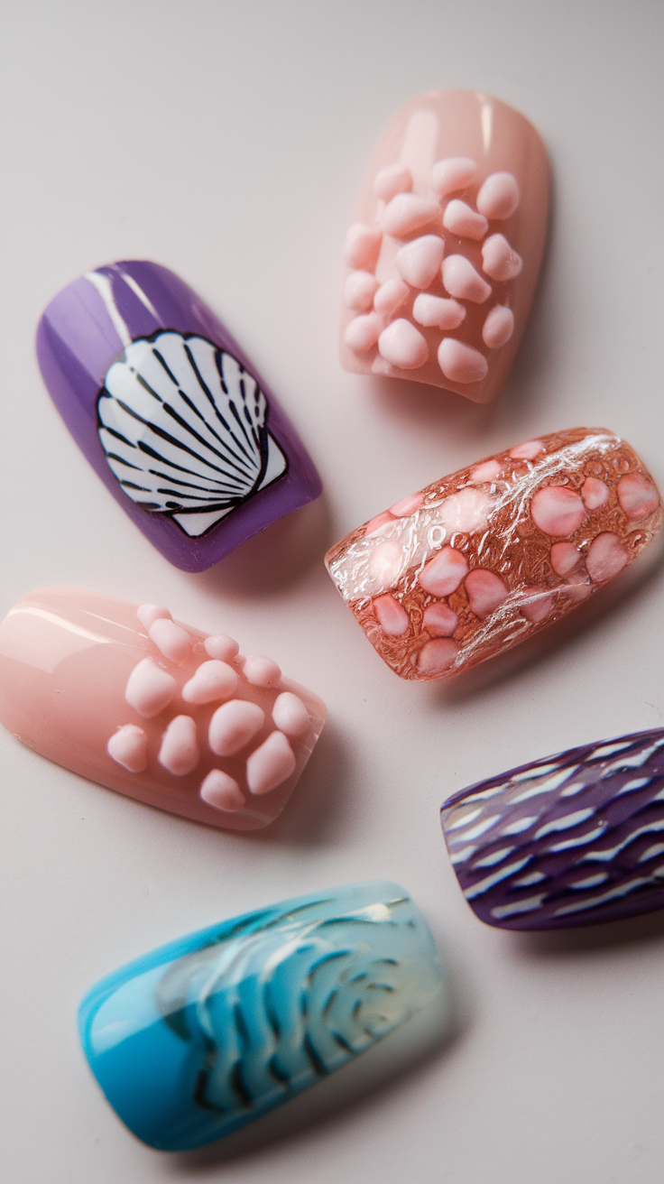 A display of various shell-inspired nail art designs on a towel at the beach.