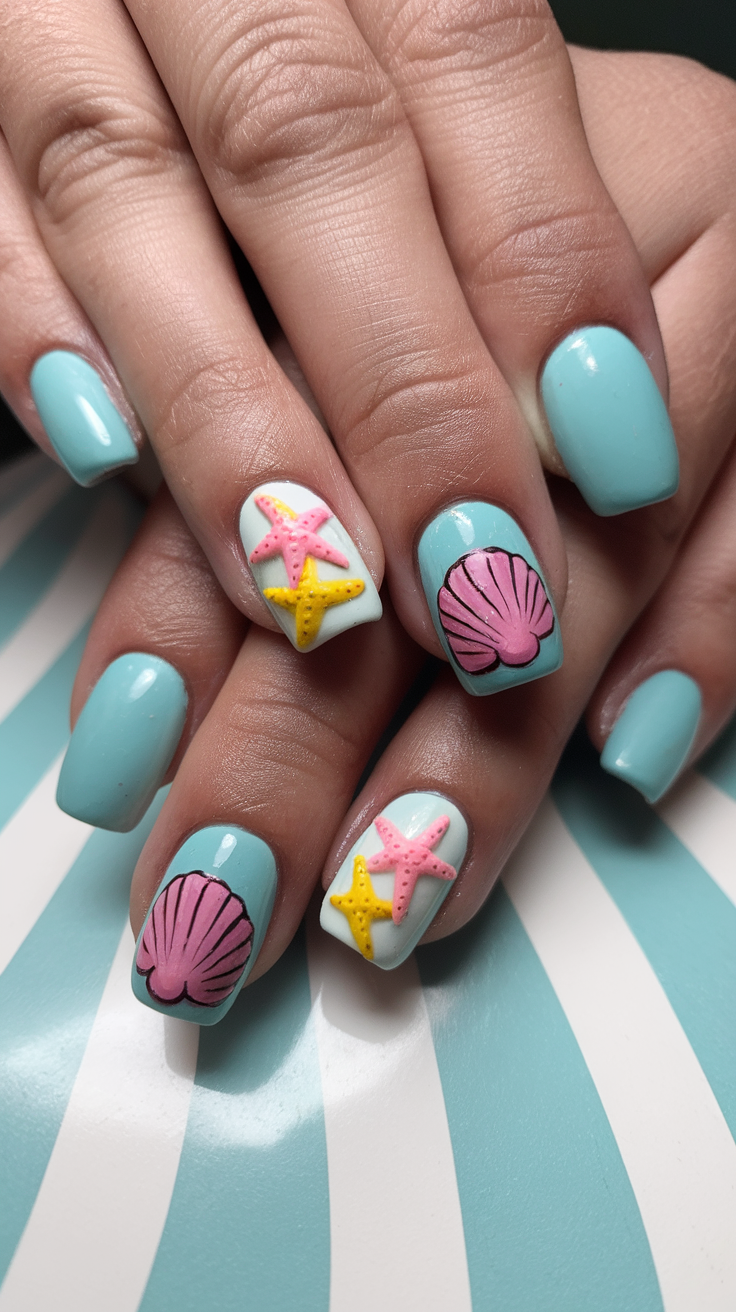 Nail art featuring blue polish with pink shell and yellow starfish designs