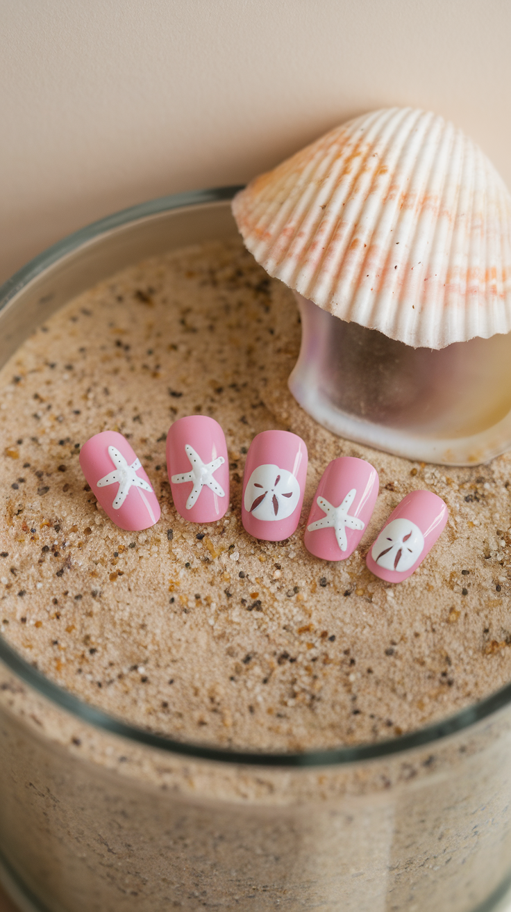 Nail art featuring starfish and sand dollar designs on a hand