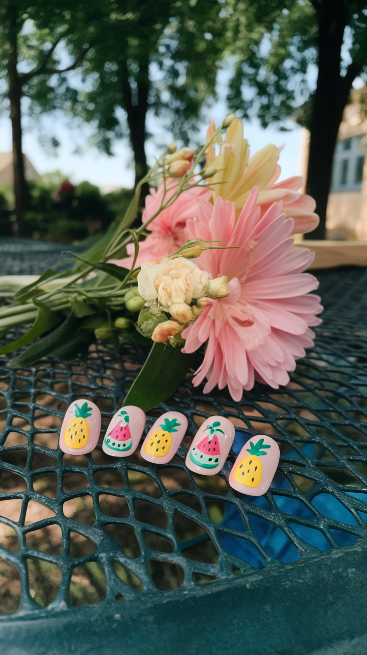 Colorful summer fruit nail designs with flowers in the background