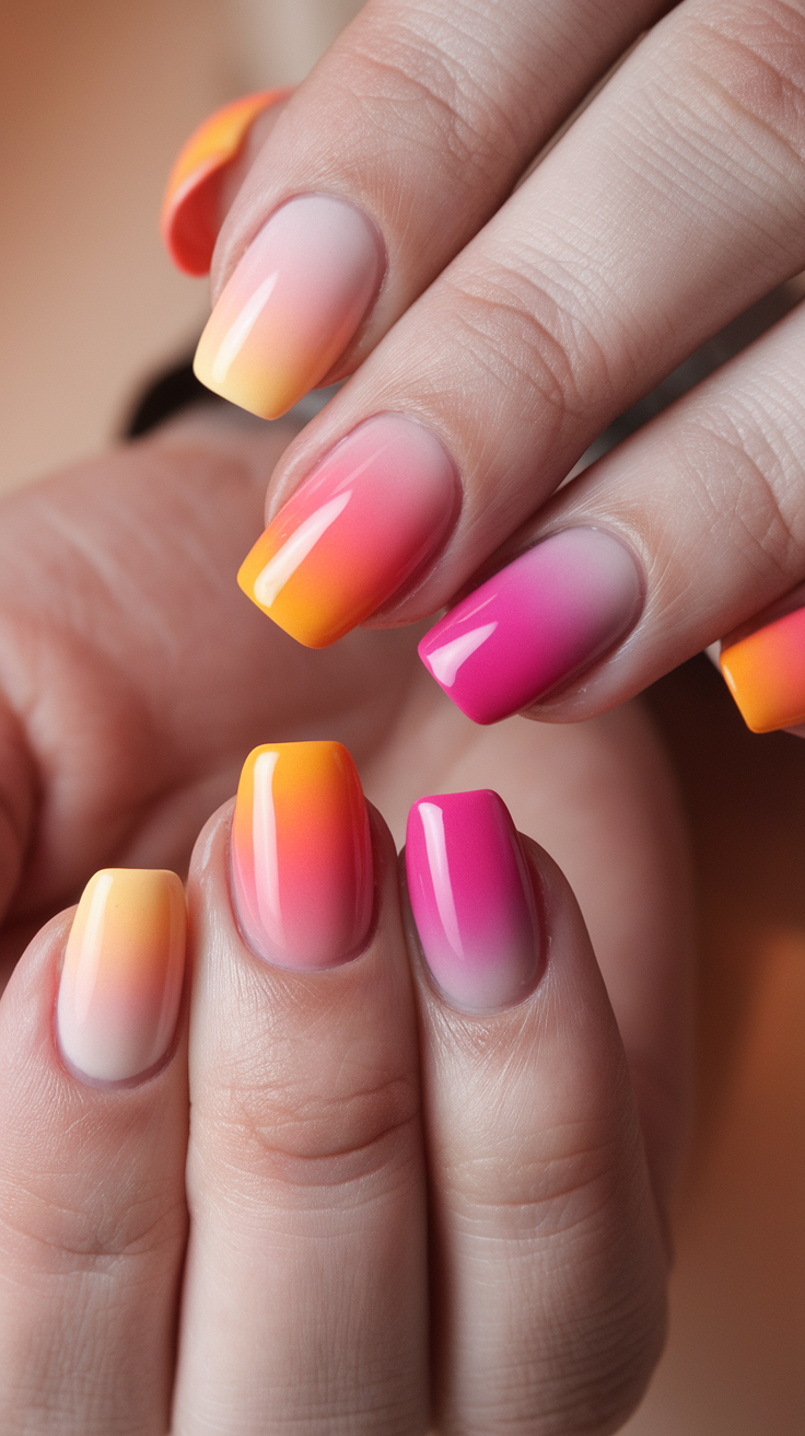 Nails with sunset ombre effects in blue, pink, orange, and white.