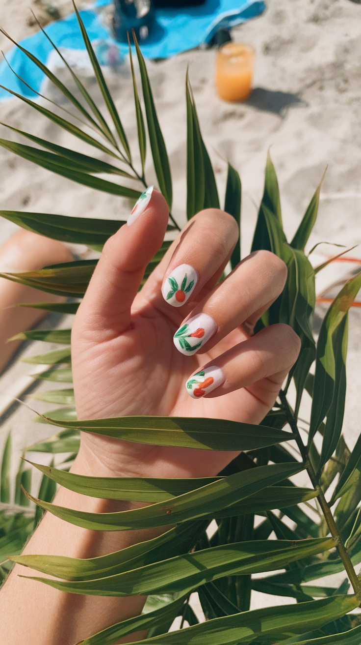 A close-up of a hand displaying tropical fruit nail art against a sandy beach backdrop.