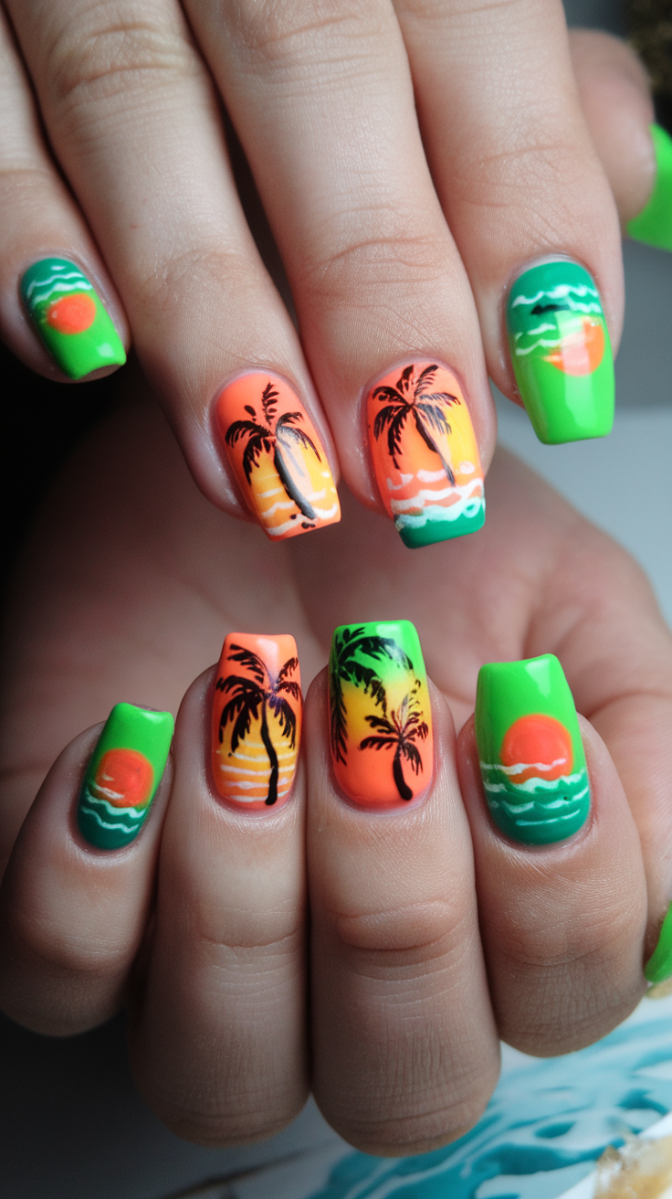 Colorful tropical-themed nail art featuring palm trees and sunsets.