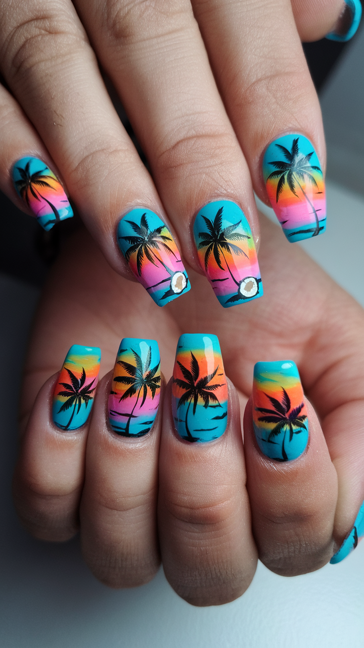 Colorful tropical-themed nail designs featuring palm trees, starfish, and vibrant hues.