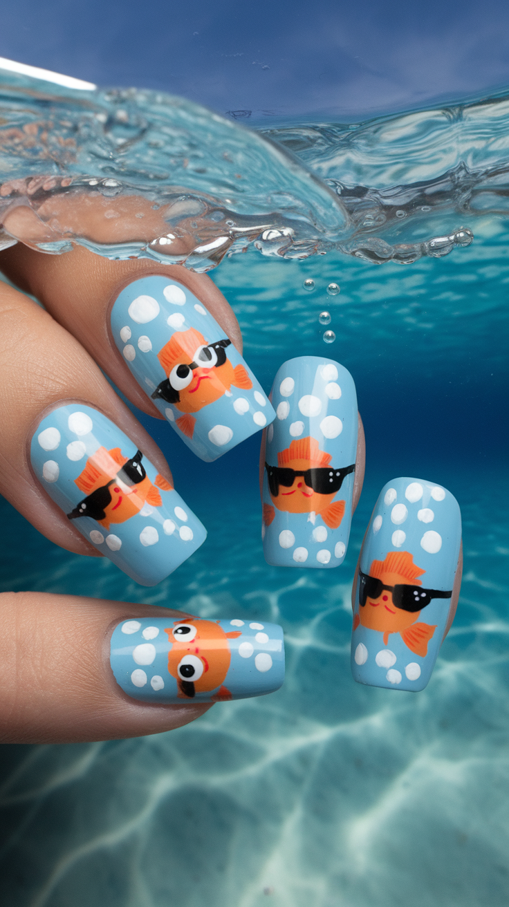 Underwater scene nail art featuring fish in sunglasses on blue nails with bubbles