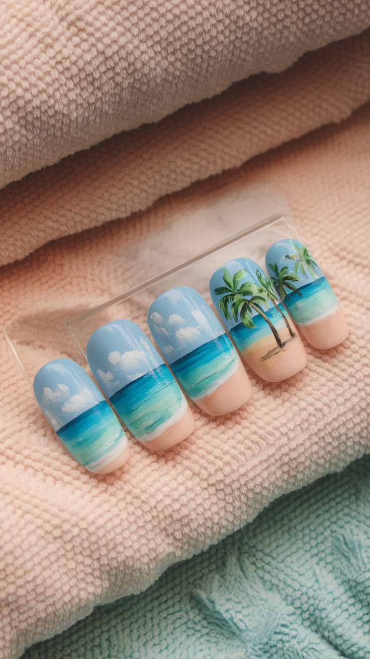 Nail art featuring a watercolor beach scene with palm trees and ocean waves